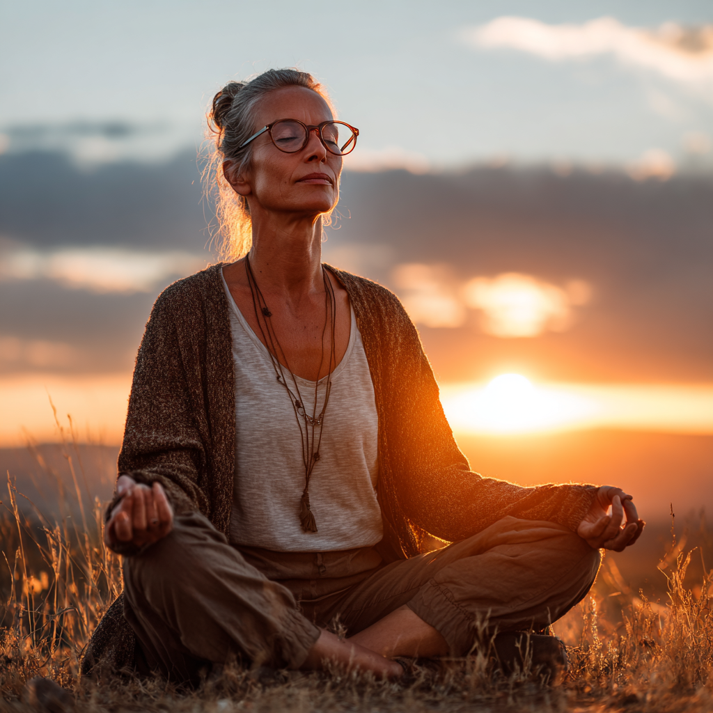 50 years old woman in peaceful yoga pose during sunset meditation session