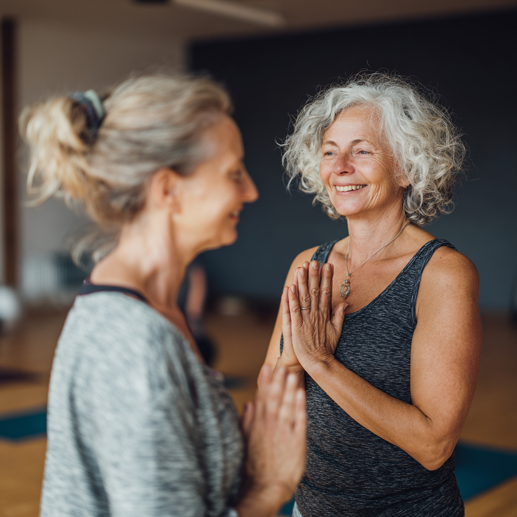 52 years old woman starting her first gentle yoga session with instructor guidance