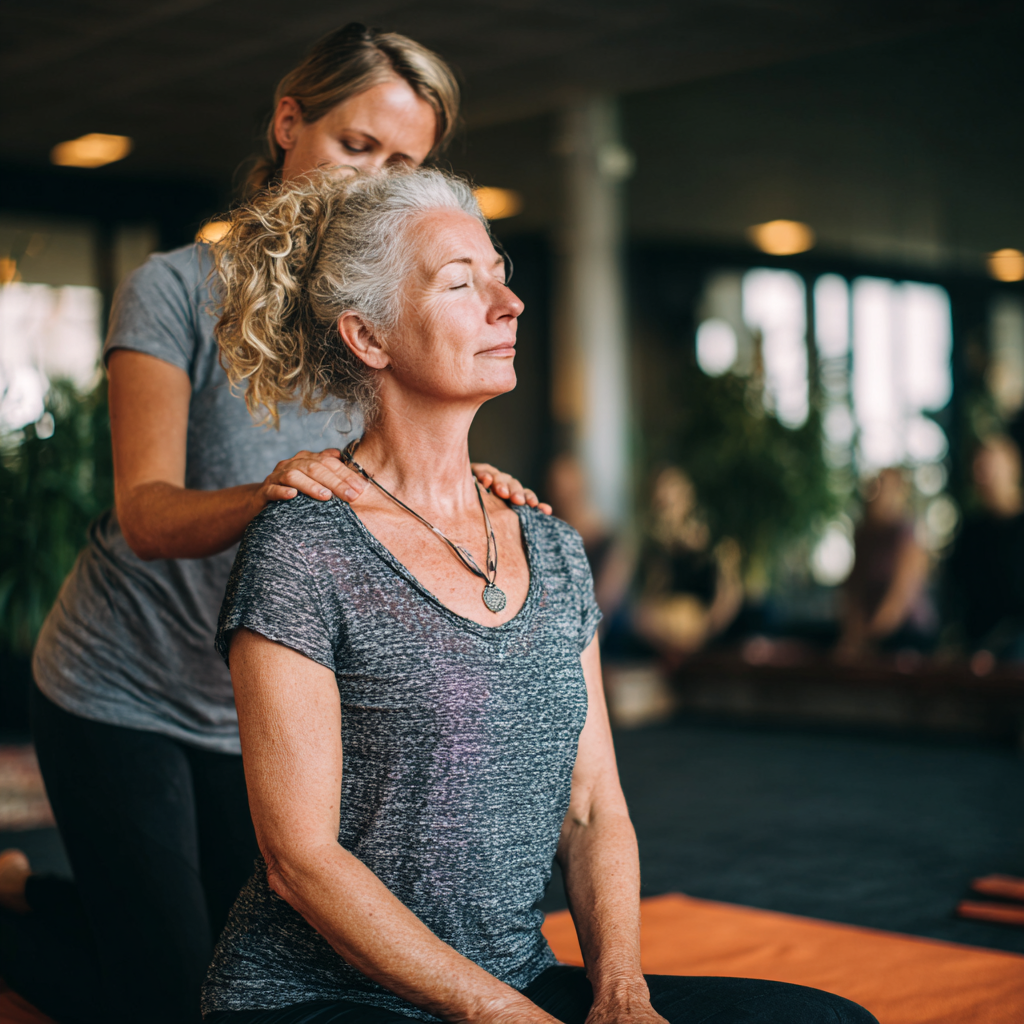 54 years old woman starting her first gentle yoga session with instructor guidance