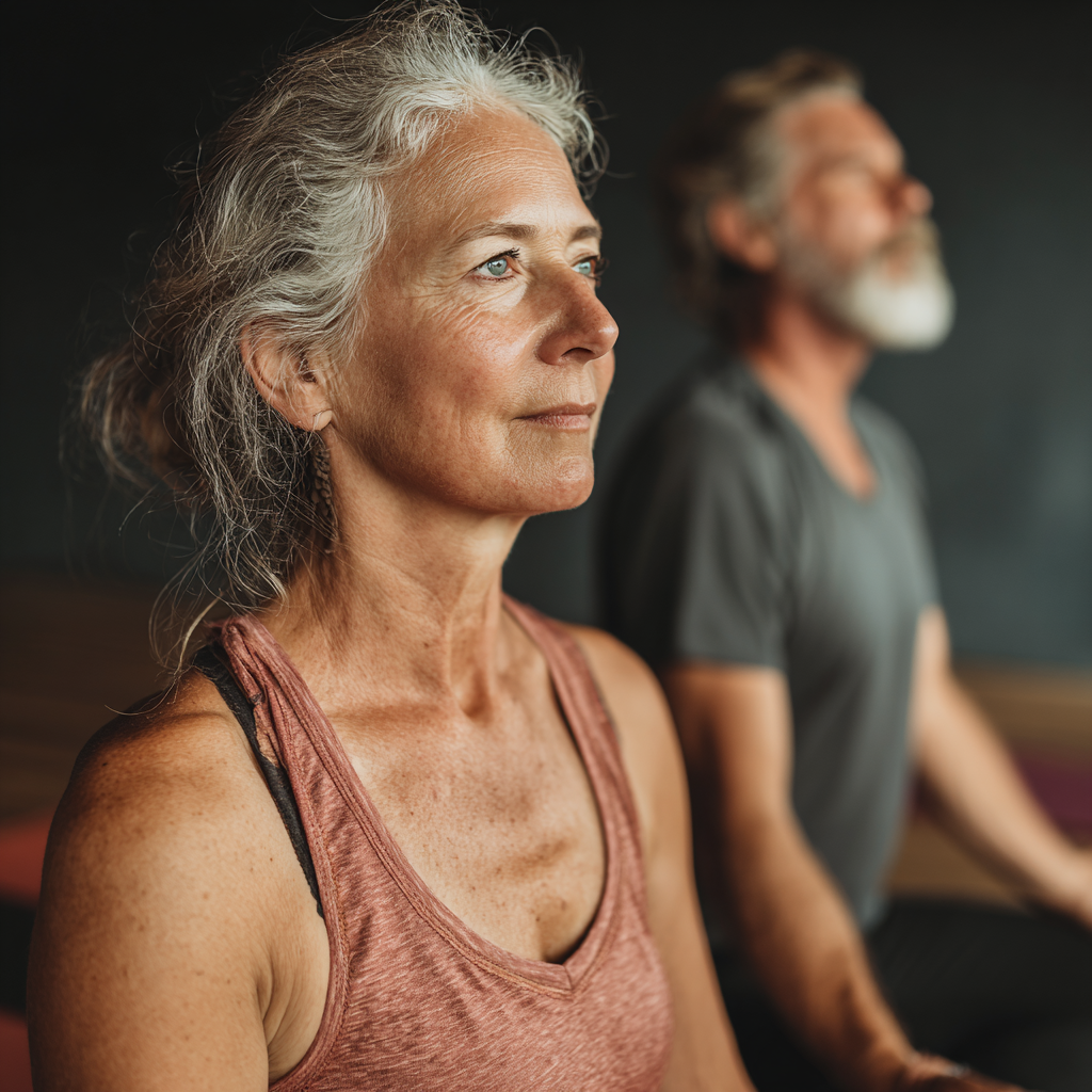 Group of 55 years old adults practicing intermediate yoga flows together