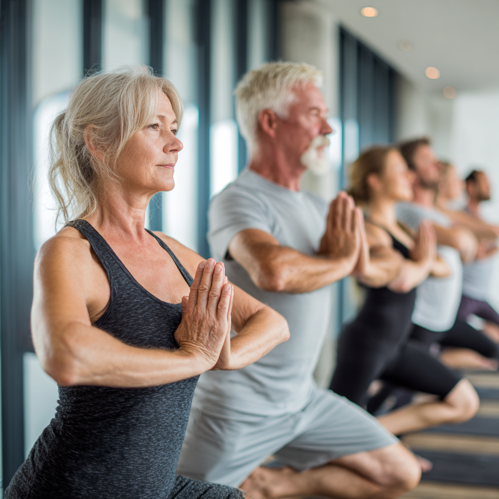 Group of 51 years old adults practicing various yoga poses in serene studio environment