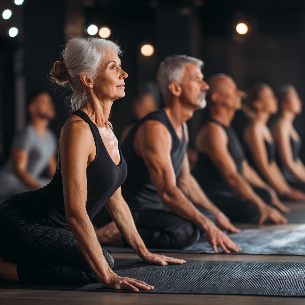 Group of 53 years old adults practicing intermediate yoga flows together